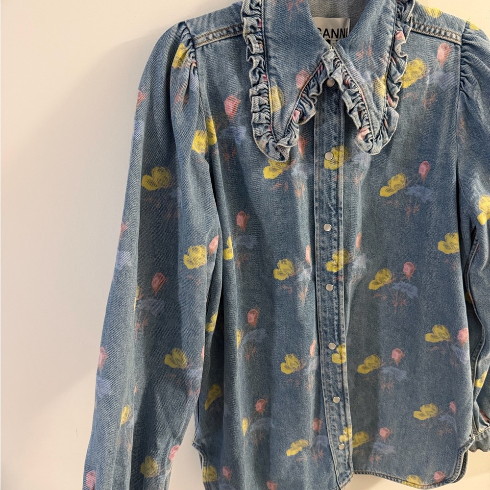 Ganni Denim Button-Down Shirt with Yellow & Pink Floral Motif